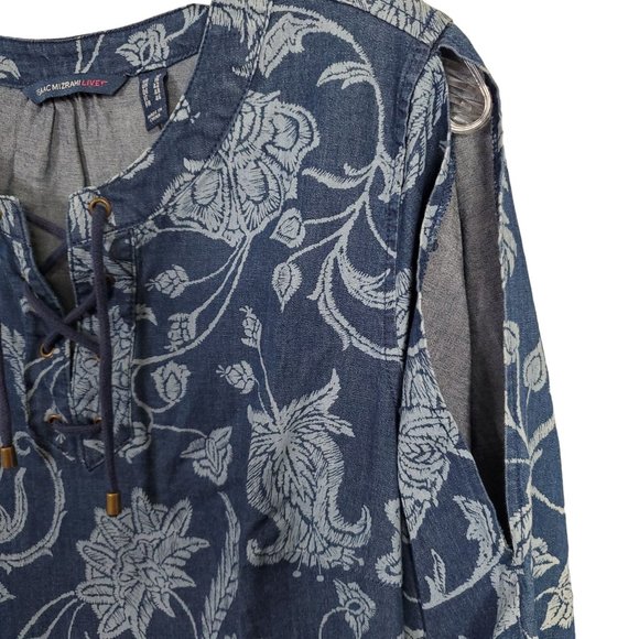 Isaac Mizrahi Live Sz 12 Dress Denim Chambray Floral Print Split Sleeves Lace Up - Picture 15 of 15